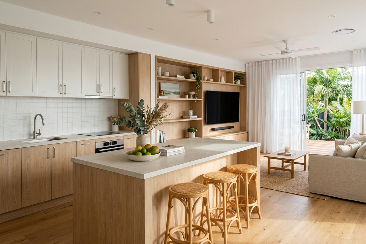 An illustrated light-filled kitchen and living area with built-in timber joinery