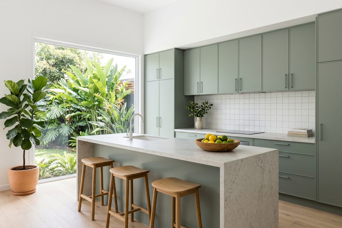 An illustrated modern kitchen with an island bench and pale cabinetry An illustrated modern kitchen with an island bench and pale cabinetry