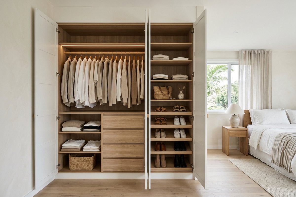 An illustrated built-in wardrobe with shelving, drawers and hanging space